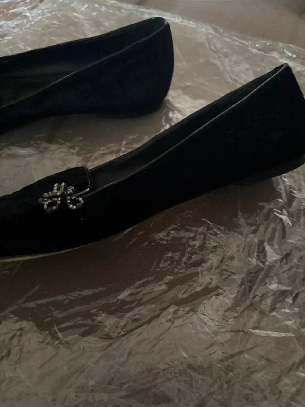 Oscar de la Renta Black Velvet Pointed Toe Flats with Crystal Bow